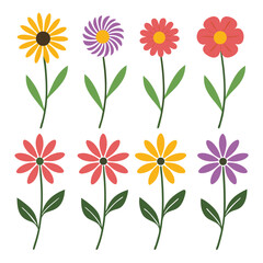 Colorful flat design flowers in various colors with green stems and leaves isolated on white