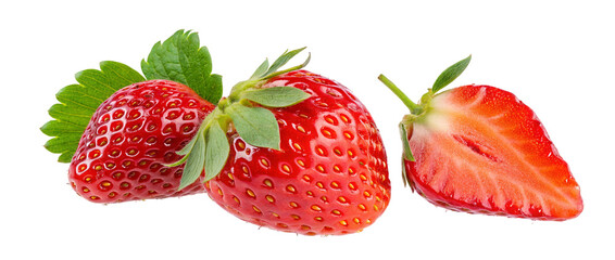 Fresh strawberries isolated on black background for healthy eating and summer fruit desserts recipe ideas