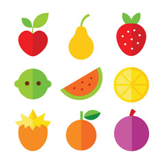 Colorful flat design illustrations of assorted fruits isolated on a white background