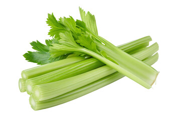A close up view of a bunch of green celery stalks with leaves on a black background in bright lighting