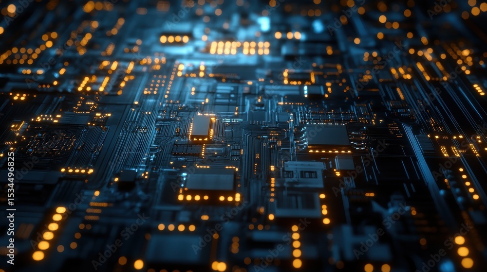 Poster digital circuitry: an artistic view of digital circuitry illuminated by shining lights. reflecting i