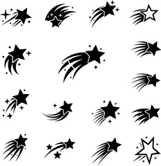 Obraz premium A set of twelve simple, black shooting star icons on a white background.
