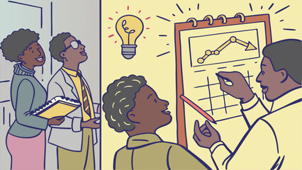 Teamwork and collaboration depicted in a colorful cartoon illustrating business planning strategy and a bright idea for project development