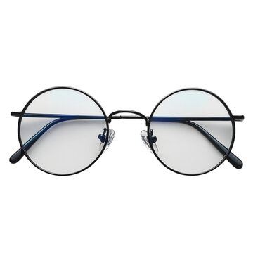 Sleek black round glasses with subtle blue tint, isolated on transparent background