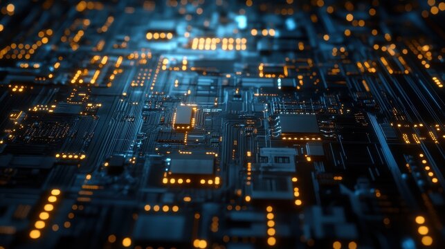 Digital Circuitry: An artistic view of digital circuitry illuminated by shining lights. Reflecting intricate connections and the power of technology.