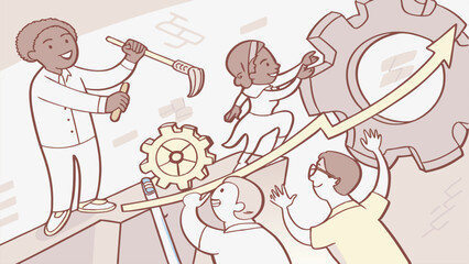 Teamwork and progress illustrated with arrows and gears depicting business growth and success on a white background