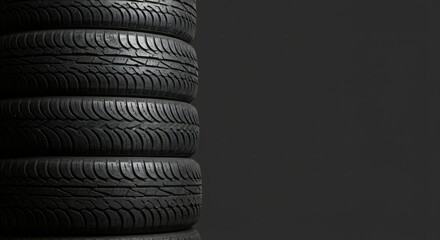 Stack of black car tires with various treads. Automotive industry and vehicle maintenance concept for repair shop.