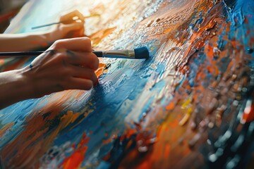 Close-up of hands creating vibrant art on canvas with colorful paint, showcasing artistic expression and creativity.