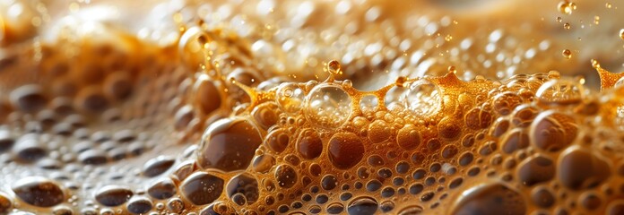 Close-up shot of bubbling coffee with rich foam creating a captivating texture and color in the beverage.