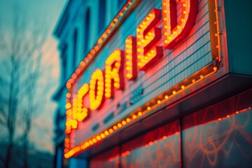 Close-up view of a vintage cinema sign illuminated with bright neon lights in a charming evening setting.