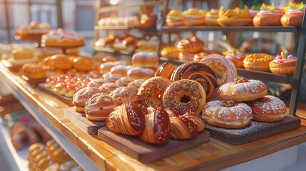 Colorful display of assorted pastries and donuts arranged on wooden boards in a bakery.