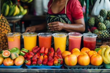 Colorful assortment of fresh fruit juices and vibrant fruits on display at a local market, inviting and refreshing.
