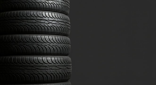 Stack of black car tires with various treads. Automotive industry and vehicle maintenance concept for repair shop.