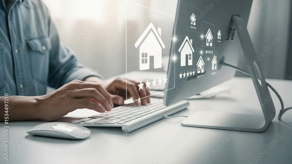 Poster Person typing on a keyboard with house icons and star ratings displayed on the computer screen setup