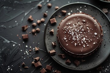 Decadent chocolate cake topped with sea salt, surrounded by chocolate chunks on a dark background.