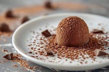 Decadent chocolate dessert on a plate, surrounded by cocoa powder and chocolate pieces, perfect for any sweet tooth.