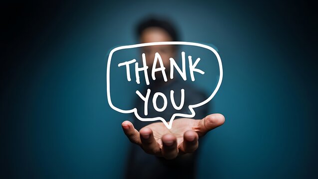 A Person Holding Hand With Thank You Message Against Blue Background