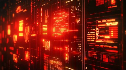 Abstract digital interface with red data visualizations on black background   - Powered by Adobe