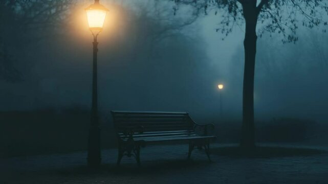 Empty bench under streetlight in foggy park at nighttime  