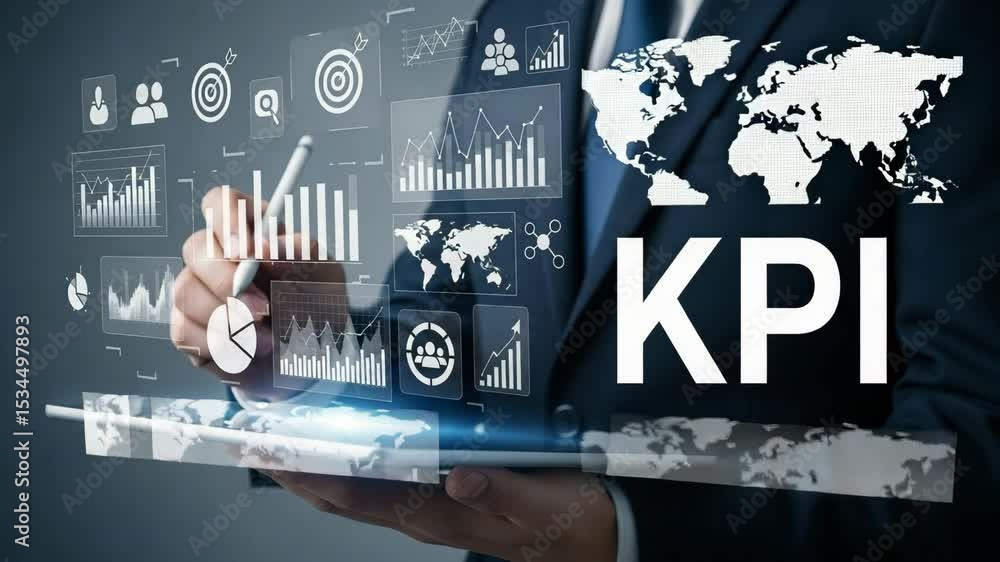 Leinwandbilder A man in a suit using a tablet with kpi and data visualization overlays for business analysis