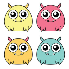 Cute and friendly monster characters in four different bright and cheerful colors