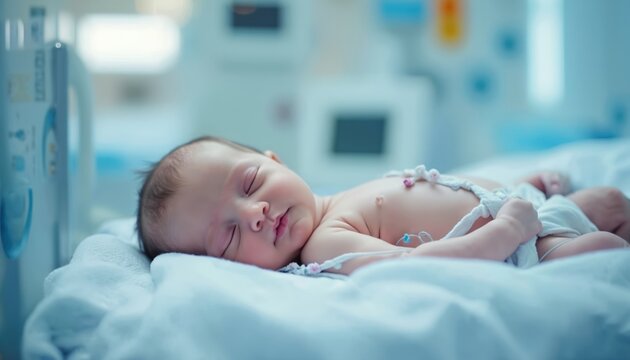 Newborn baby sleeps peacefully in modern neonatal intensive care unit. Medical equipment provides care. Serene photo of baby in a hospital. Healthcare concept, baby care, medicine, wellness.
