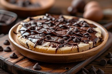 Deliciously decadent chocolate chip cookie pie topped with rich chocolate drizzle in a rustic wooden setting.