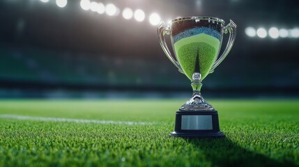 A close-up of a shining trophy on a green stadium field, symbolizing victory and achievement in sports.