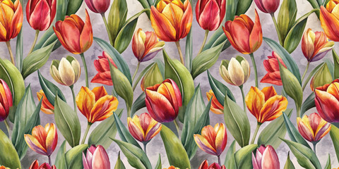 Obraz premium Vibrant floral pattern featuring various tulips in warm hues.
