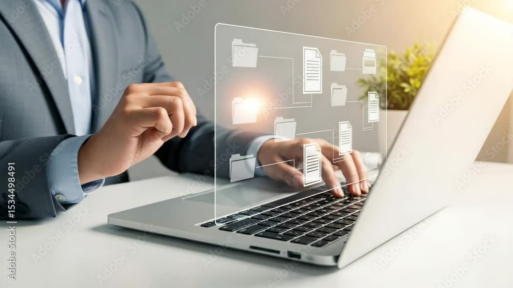 Poster Person typing on laptop with digital file management interface overlayed on the screen view