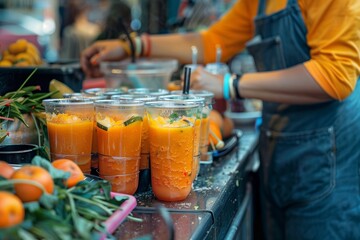 Freshly made citrus juices in vibrant cups, perfect for a refreshing summer drink experience.