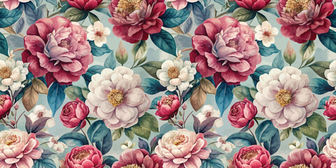 Naklejka premium Elegant floral pattern featuring vibrant peonies and roses on a soft blue background.