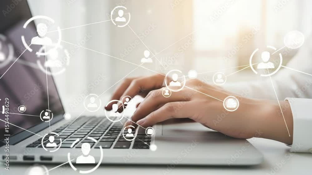 Poster hands typing on laptop with social network connections overlayed in a bright office setting