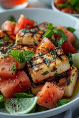 Grilled halloumi cheese served with fresh watermelon and mint, creating a perfect summer salad.