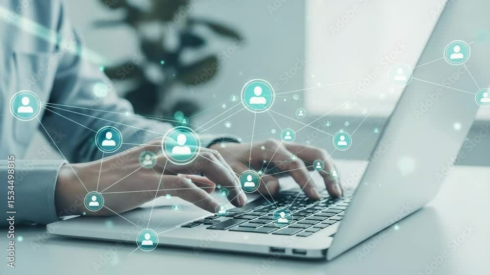 Poster Typing on laptop with social network connections and icons overlayed on the keyboard area view