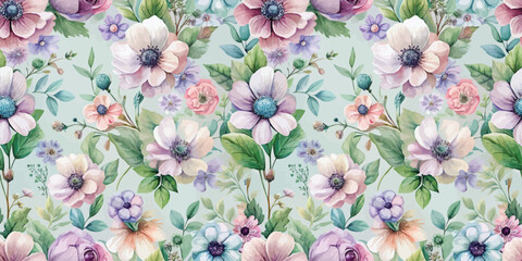 A vibrant floral pattern featuring soft pastel flowers on a mint green background.