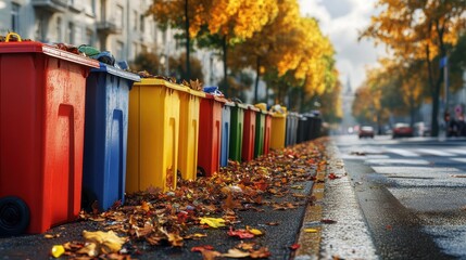 Colorful bins line a city street, filled with recyclable waste and autumn leaves. The image conveys an organized public waste disposal system, promoting eco-friendly urban cleanliness.