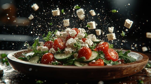 Salad with tomatoes, cucumbers, arugula and flying feta