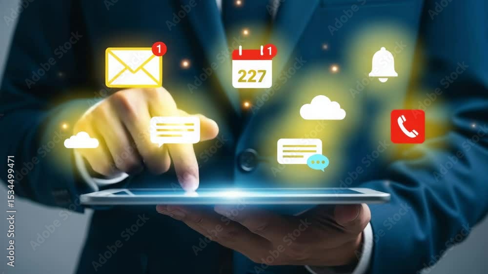Poster person holding tablet with email calendar and other notification icons floating above it digitally