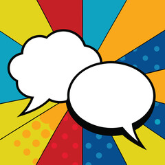 Dynamic comic book style pop art background with blank speech bubbles and colorful rays