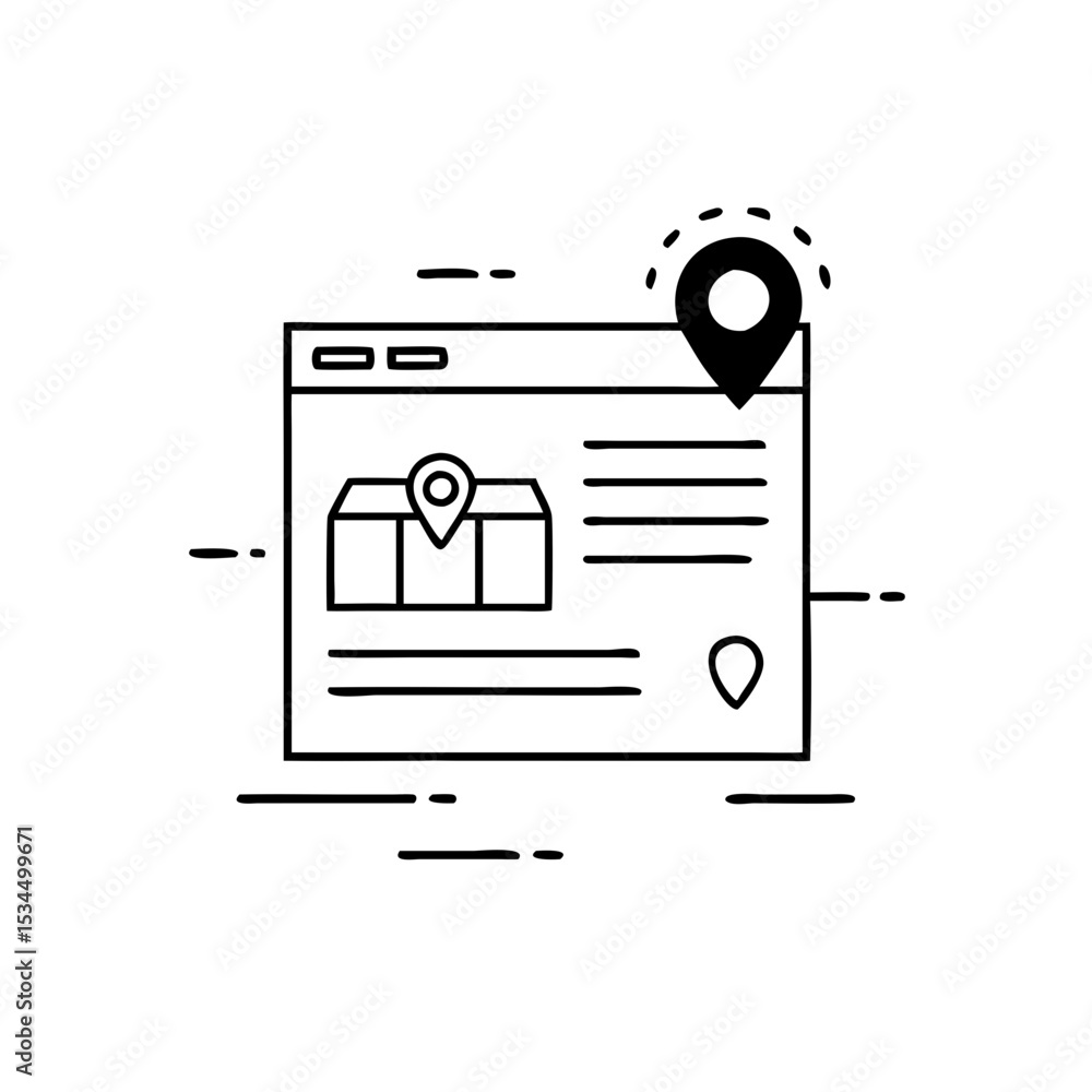 Poster simple vector depicting a browser window with maps and a location pin silhouette icon