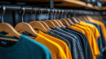 Fototapeta premium Shirts on hangers, aligned, clothing rack, shop interior