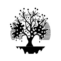 Stylized black and white tree with abstract fruits and graphical elements silhouette icon