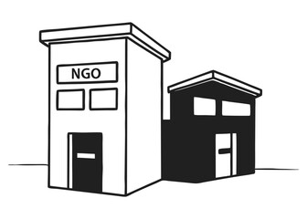 Black and white illustration of NGO office and adjacent building