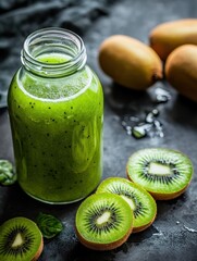 Fresh kiwi juice served in a glass bottle with sliced kiwis and whole fruits on a dark countertop