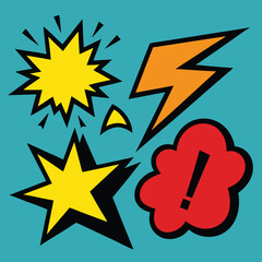 Dynamic vector illustration of comic book explosion and emphasis symbols on a blue background