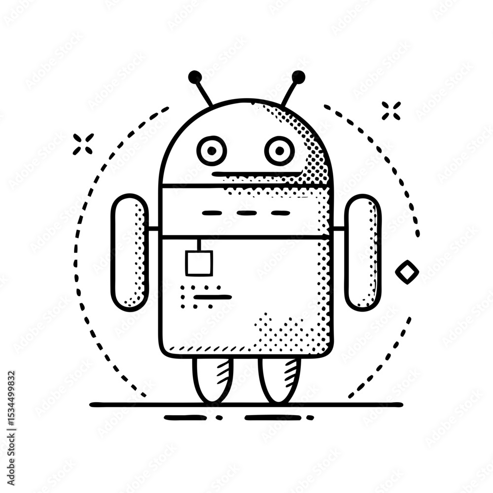 Aufkleber monochrome android robot mascot with dotted background and outline elements silhouette icon