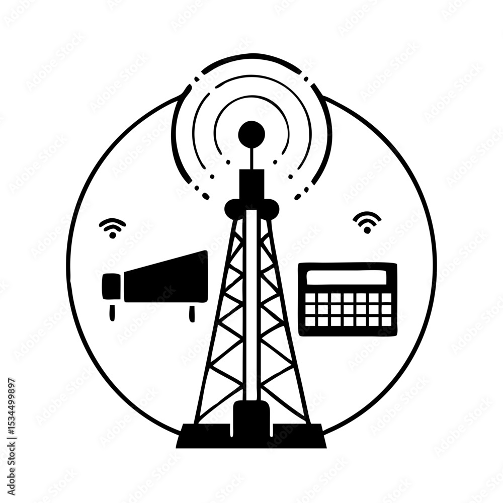 Aufkleber communication tower broadcasting network system with calculator and loudspeaker silhouette icon