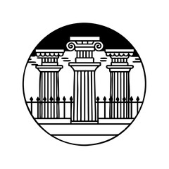 Three classical pillars within a circle, minimalist design with architectural details silhouette icon