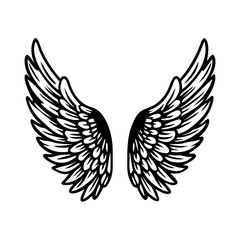 Black and white vector of detailed symmetrical stylized angel wings design silhouette icon